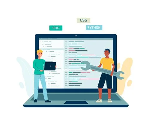 UI code testers or programmers next to laptop, flat vector illustration isolated Stock Illustration