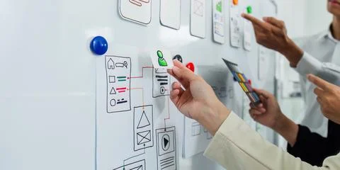 UI designer and UX developer brainstorm idea to design the application interface Stockfoto's