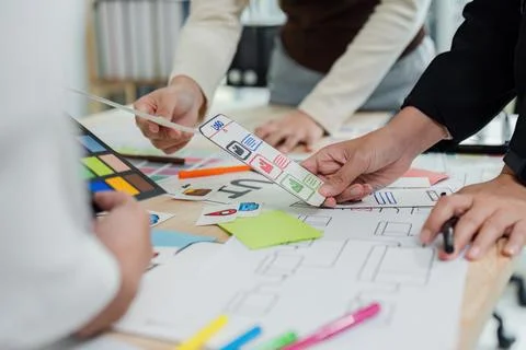 UI designer and UX developer brainstorm idea to design the application interface 스톡 사진