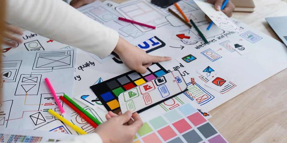 UI designer and UX developer brainstorm idea to design the application Stock Photos
