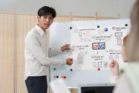 UI designer and UX developer brainstorm together. Creative digital development Stock Photos
