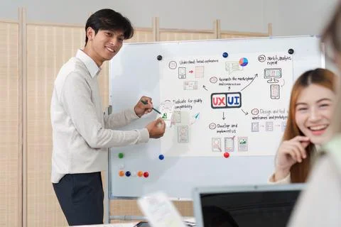 UI designer and UX developer brainstorm together. Creative digital development Foto stock