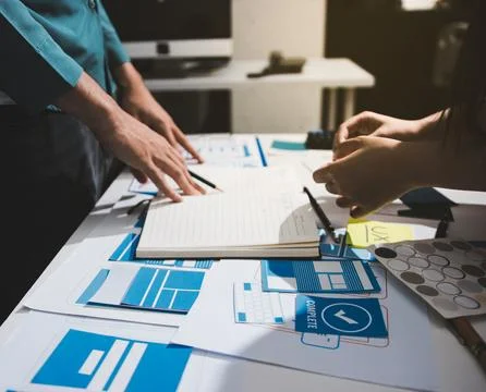 UI designer and UX developer brainstorm idea to design the application appe.. Stockfoto's