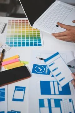 UI designer and UX developer brainstorm idea to design the application appe.. 写真素材