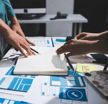 UI designer and UX developer brainstorm idea to design the application appe.. Stock Photos