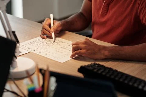 UI Designer Drawing Website Wireframe Stock Photos
