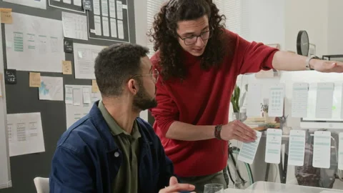 UI Designers Discussing User Experience Scenarios while Examining Wireframes Stock Footage 327906353