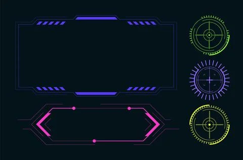 UI digital icons. HUD elements. Neon frame. Video game dashboard. Bullseye .. Stock Illustration