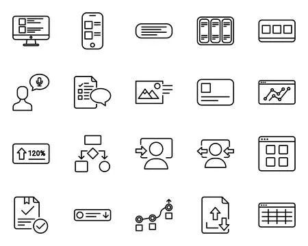UI elements and data analytics line icon set for web development Stock Illustration