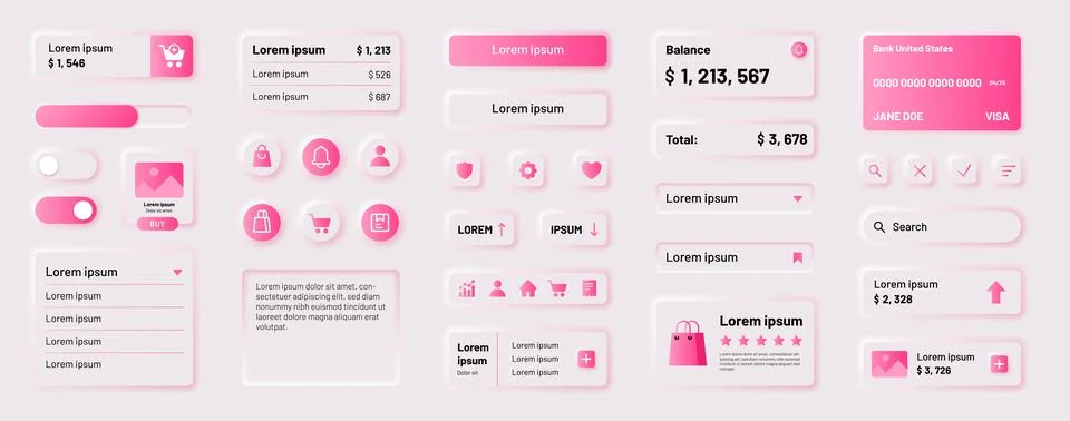 Ui elements. App interface button, mobile shop ux kit, neumorphic template Stock Illustration