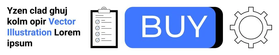 UI elements include black clipboard with checklist, blue BUY button, and grey イラスト素材