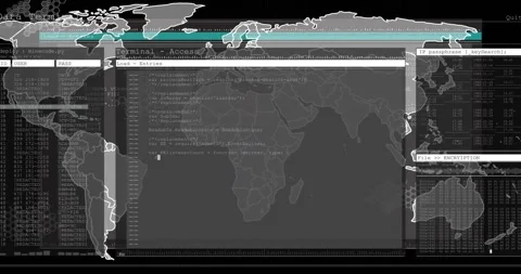 UI fading, world map panels appearing, code executing, scan bar shifting, status Stock Footage 317369200