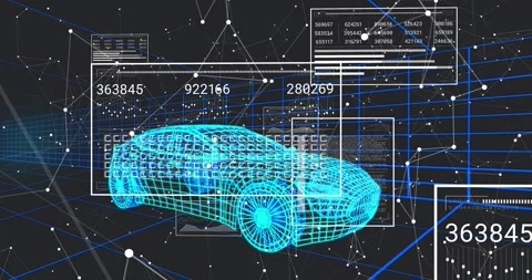 UI frame appearing, panels emerging and linking over neon-blue wireframe car, Stock Footage 320915965