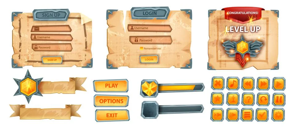 UI game button icon set, vector old parchment interface menu background Stock Illustration