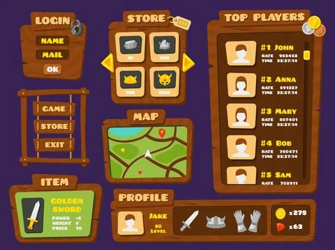Ui game elements. Cartoon wood interface, buttons and arrows. Mobile play bar 스톡 일러스트