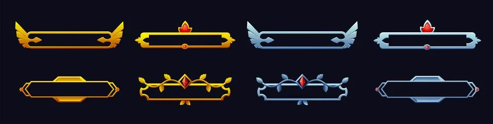 Ui game frames, gold and silver borders. Medieval decoration elements for old 스톡 일러스트