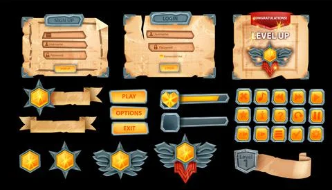 UI game vector button design set, old parchment background menu kit Illustrazione stock