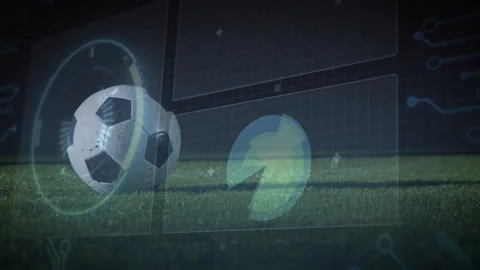 UI gauge and pie chart animating around soccer ball before red cleat advancing Stock Footage 316338970