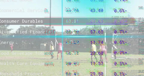 UI grid and code flickering over soccer players activating scanning of goal Stock Footage 316134162