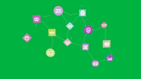 UI icons emerging from pink square and dots linking nodes, dissolving on Stock Footage 334727058