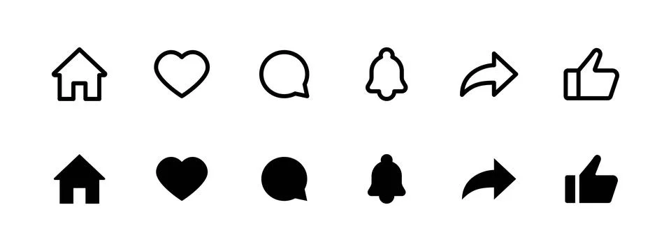 UI interface icon set. Home, heart, chat, bell, share and like vector illus.. 스톡 일러스트