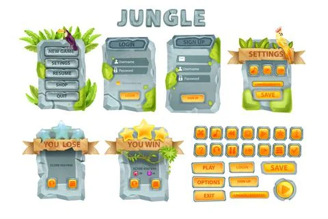 UI jungle game stone template kit, mobile app user interface set Stock Illustration