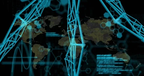 UI loading 3D cyan lattice rotating and code panels scrolling revealing world Stock Footage 319681910