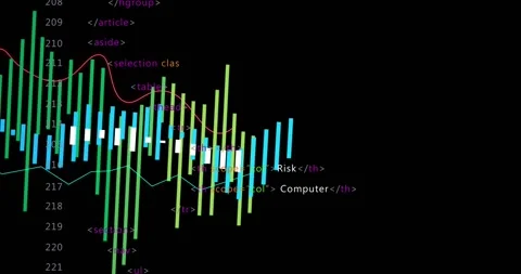 UI loading, bright bars sweeping, red and teal lines weaving over HTML code Stock Footage 329832459