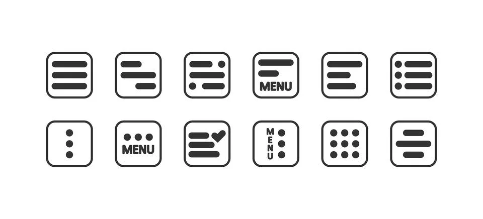 Ui menu icon set. Hamburder mobile buttons symbol. Sign app buttons vector .. Stock Illustration