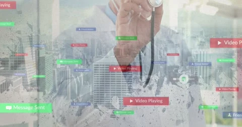UI notifications appearing, doctor lifting stethoscope toward lens, showing Stock Footage 331227490