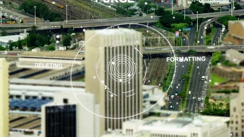 UI overlay appearing over tower, rings rotating and pulsing, dots converging, Stock Footage 333601706