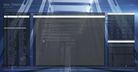 UI overlay fading in filling code lines cursor typing and tabs updating showing Stock Footage 327943386