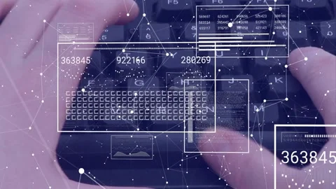 UI panels and node network fading in, hands typing and updating HUD numbers, Stock Footage 333192725