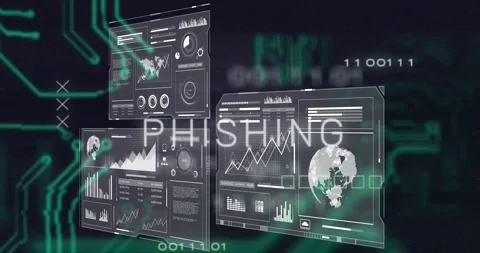 UI panels materializing, globe spinning, code sliding under PHISHING text Stock Footage 317659889