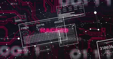 UI panels materializing over data nodes then pulsing red circuit lines revealing Stock Footage 317229425