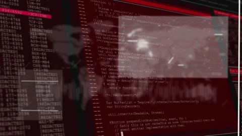 UI receiving data feed, shifting map, scrolling code, pulsing waveform, aiding Stock Footage 331126141