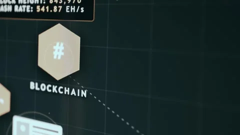 UI related to blockchain technology, highlighting a block within a digital Video stock 333450628