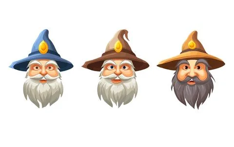 Ui set vector illustration of old wizard man with gray beard and magic hat Stock Illustration