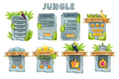 UI stone game design vector set, rock user interface button Stock Illustration