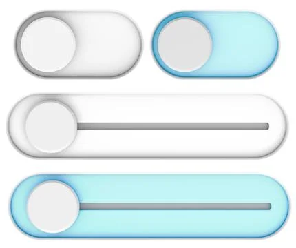 UI toggle switches and sliders. On, off interface elements mockup, 3D renderi Illustrazione stock