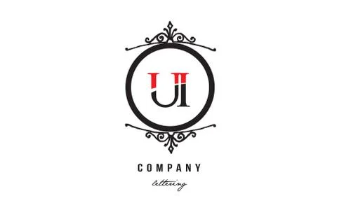 UI U I red white black decorative monogram alphabet letter logo combination i Stock Illustration