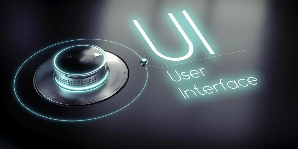 UI, User Interface - rotary knob and glowing word - 3D illustration Stockillustratie