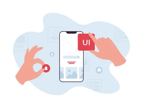 UI, UX and web design concept. Human hands make application. 스톡 일러스트