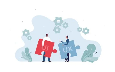 UI, UX and web design concept. Team of afrcian man and woman holding puzzle Stock Illustration