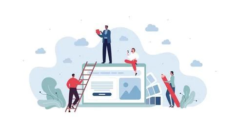 UI, UX concept. Multiethic team of male and female artist and designer Stock Illustration