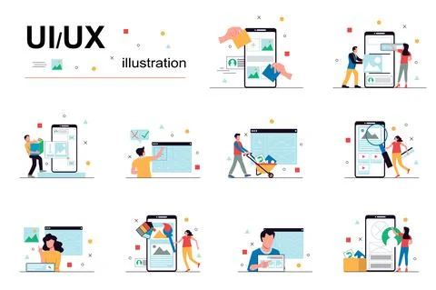 UI UX design and programming concept with people scene set Stockillustratie