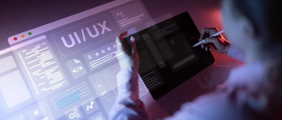 UI UX Design and User Interface Development Displayed on a Virtual Workspace. Stock Photos