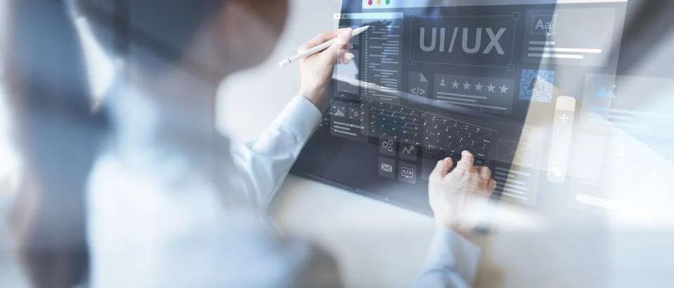 UI UX Design and User Interface Development Displayed on a Virtual Workspace. Stock Photos