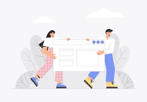 UI UX design concept of creating an application and teamwork. Two people hold Stock Illustration