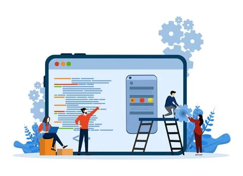 Ui UX design concept, with developer team create custom design for mobile app Stock Illustration